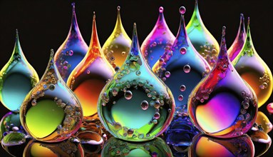 Colourful iridescent plastic drops and bubbles filled with oily liquids, round glass drop-shaped