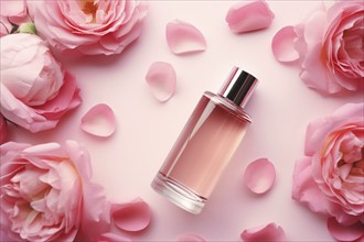 Bottle with beauty face serum surrounded by pink peony flowers. KI generiert, generiert AI