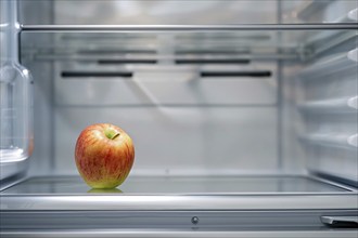 Open refrigerator with only one single apple inside. KI generiert, generiert, AI generated