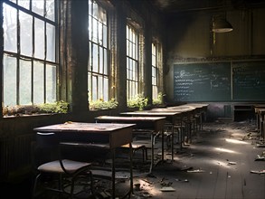 Abandoned school classroom desks in rows faded chalkboard evoking silent echoes of past lessons, AI