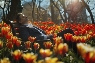 A businessman rests on a park bench surrounded by tulips in a park and enjoys the first warming