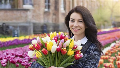 A happy woman enjoys a large bouquet of spring tulips, AI generated, AI generated