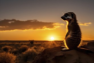 Meerkat silhouetted against the setting sun standing atop a termite mound in the kalahar desert, AI