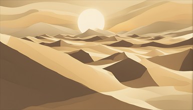 Abstract desert scene with triangular sand dunes and a single circular sun, using sharp lines and