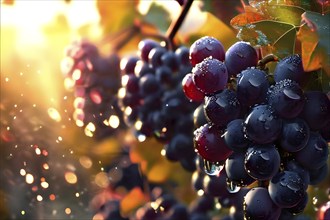 Harvest ready grape bunches with water droplets sparkling in the sunlight, AI generated