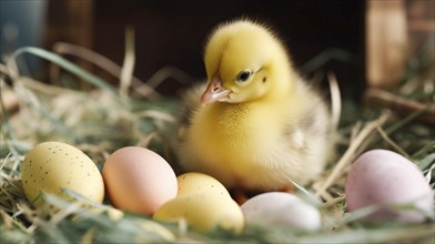 Cute newborn chick next to colorful easter eggs, generative AI, AI generated