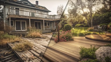 Large house and property before and after cleanup and construction, generative AI, AI generated