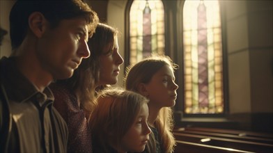 Young spiritual family at church with beautiful stained glass windows, generatvie AI, AI generated