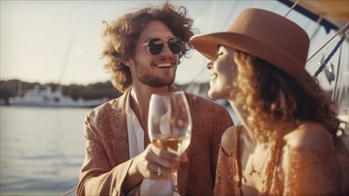 Young adult caucasian couple enjoying drinks on the deck of their yacht in the ocean, generatvie