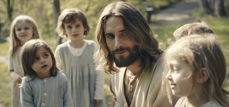 Modern day jesus talking and playing with young children in the park, generative AI, AI generated