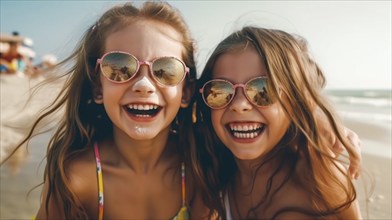 Two young girlfriends posing wearing sunglasses having fun on the beach, generatvie AI, AI