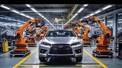 AI generated automotive assembly line in car manufacturing progression with automated machines