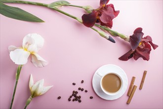 White and burgundy iris flowers and a cup of coffee on pastel pink background. Morninig, spring,