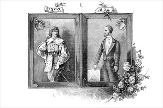 Comparison of men's fashion in the years 1660 and 1890 in Europe, historical, digital reproduction