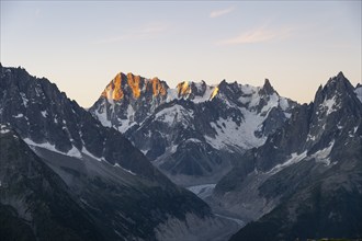 Morning atmosphere, mountain landscape at sunrise, Grandes Jorasses mountain peak, Mont Blanc