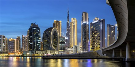 Dubai Burj Khalifa skyline tallest building in the world downtown at night panorama in Dubai,