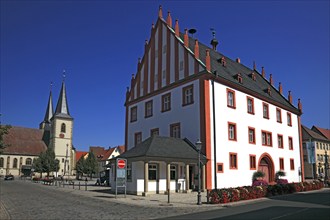 Old town hall and parish church, Hassfurt, Hassberge district, Lower Franconia, Bavaria, Germany,