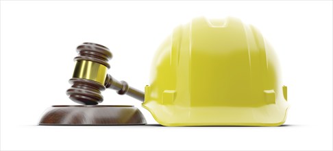 Yellow hard hat and gavel isolated on a white background