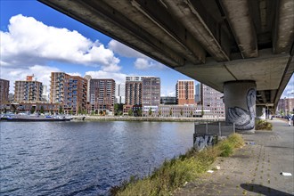 Bridge for the metro railway, harbour basin of the Maashaven, residential buildings in the Kop van