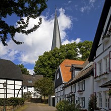 The old town centre with half-timbered houses and the church tower of Sankt Viktor, Schwerte, Ruhr