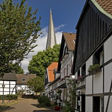 The old town centre with half-timbered houses and the church tower of Sankt Viktor, Schwerte, Ruhr