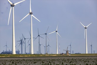 Westereems and Growind wind farms, over 80 wind turbines in total, at the Eemshaven seaport,