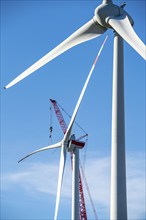 Assembly of a wind turbine, the last rotor blade is being mounted, mobile crane, wind turbine from