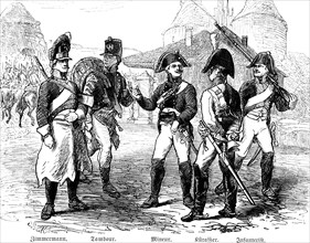 Prussian troops in 1806, soldiers in uniform, carpenter, tambour or drummer, miner or layer of an