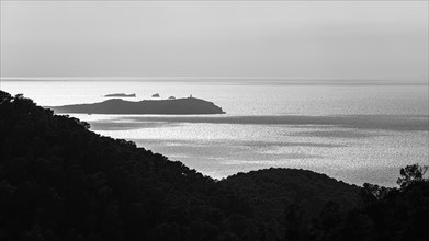 Foggy morning atmosphere in the bay of Sant Antoni, in the background the island of Conillera,