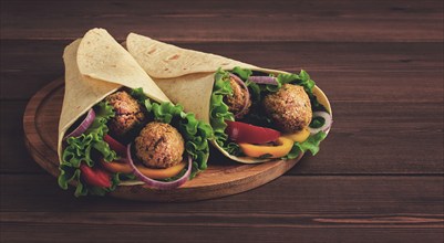 Tortillas wrapped with falafel balls and fresh vegetables, vegetarian healthy food, on a wooden