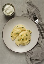 Pierogi, a traditional dish of Polish cuisine, dumplings, top view, close-up, no people