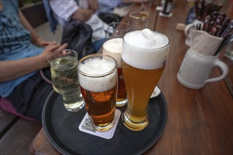 Drinks on the table of a beer garden, Franconia, Bavaria, Germany, Europe