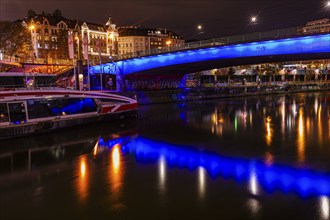 Illuminated Franz-Josefs Quay and St Mary's Bridge on the Danube Canal, night shot, Vienna,