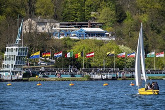 Lake Baldeney, reservoir of the Ruhr, regatta tower, regatta grandstand, catering above the lake,