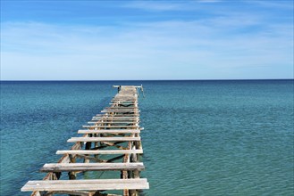 Bay of Alcudia, Platja de Muro, Muro beach, wooden walkway, Majorca, Balearic Islands, Spain,