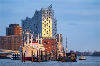 Port of Hamburg, museum ship Cap San Diego at the St. Pauli Landungsbrücken, Elbe Philharmonic