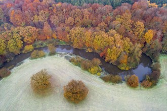 Aerial view of the Hunte in autumn, Meander, Hunte loop, Hunte, river, tree, forest, autumn