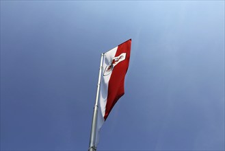 Österreichische Flagge vor blauem Himmel (Austrian flag in front of a blue sky)