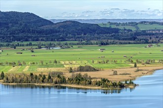 View of the Lake Kochel, calm water, Loisach-Lake Kochel moor with Eichsee, Stöckelsberg and