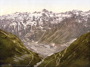 Furka Pass, general view from the Furkahorn, Bernese Oberland, Switzerland, Historic, digitally