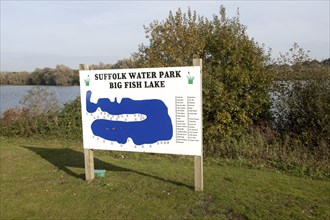 Sign showing map of Big Fish lake at Suffolk water park, Bramford, Suffolk, England, UK