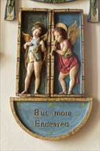 Painted plaster angels in village parish church of Saint Michael, Wilsford cum Lake, Wiltshire,