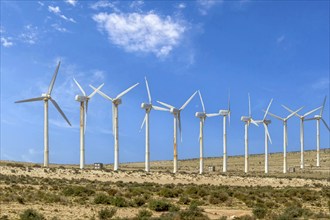 Desolate wind turbines in the hinterland of Costa Calma, Fuerteventura, Canary Island, Spain,