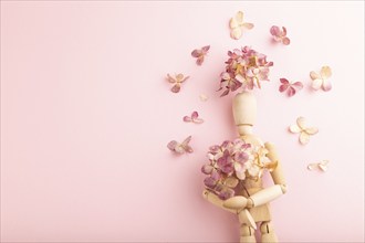 Wooden mannequin holding hydrangea flowers on pink pastel background. copy space, isolated, spring,