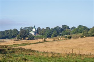 Country church in a rural swedish landscape with fields and meadows in late summer, Falköping,