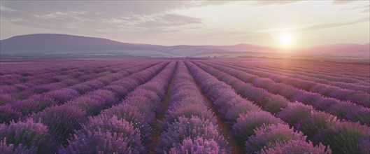 Scenic sunset field of lavender in France. Sunset sky is filled with clouds, AI generated