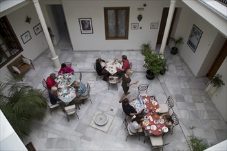 Historic building interior, Hotel Casa Grande, Jerez de la Frontera, Spain looking down courtyard