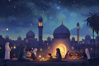 Essence of Ramadan, featuring people gathered and eating near a mosque under a starry night sky,