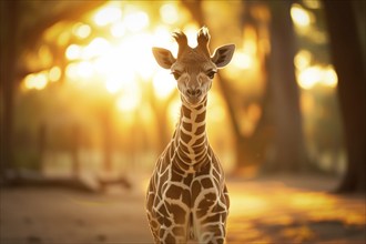 Baby giraffe standing amidst the golden rays of the setting sun, surrounded by nature beauty, AI