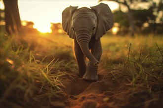 Baby elephant walking majestically against the backdrop of a golden sunset, AI generated